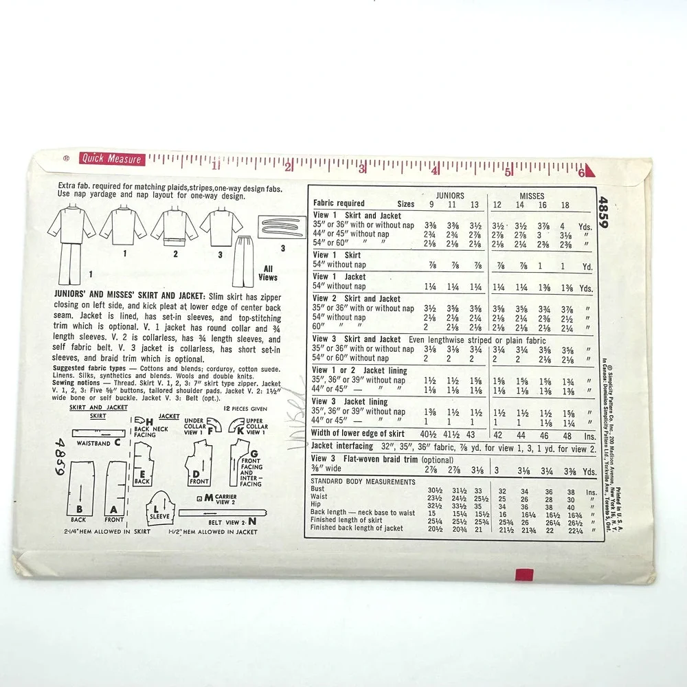 Simplicity Vintage 1960's‎ Pattern #4859  Junior Misses Skirt and Jacket Size 16